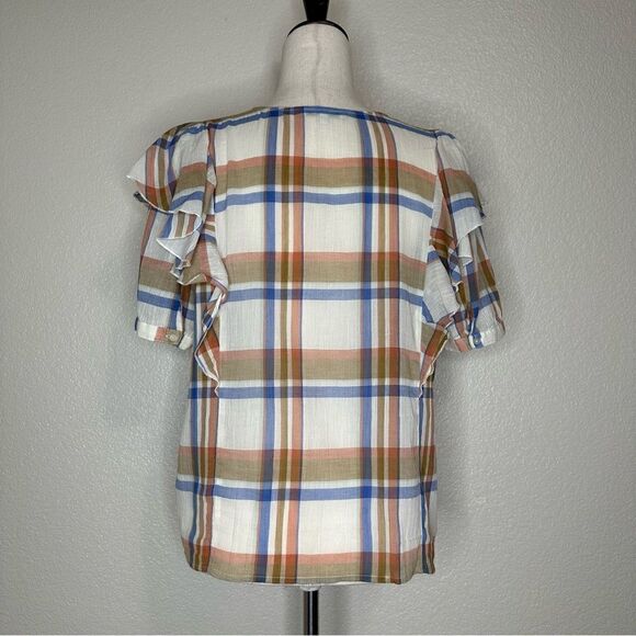 Madewell V-neck Textured Plaid Shoulder-Ruffle Top - Picture 8 of 13